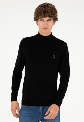 Erkek Slim Fit Yarım Boğazlı Siyah Basic Kazak - 50293499062