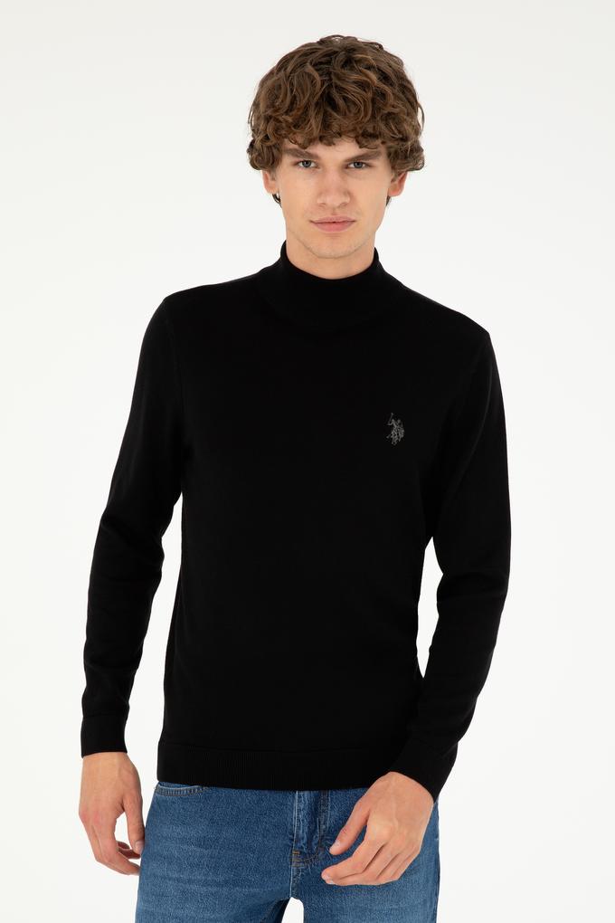 Erkek Slim Fit Yarım Boğazlı Siyah Basic Kazak