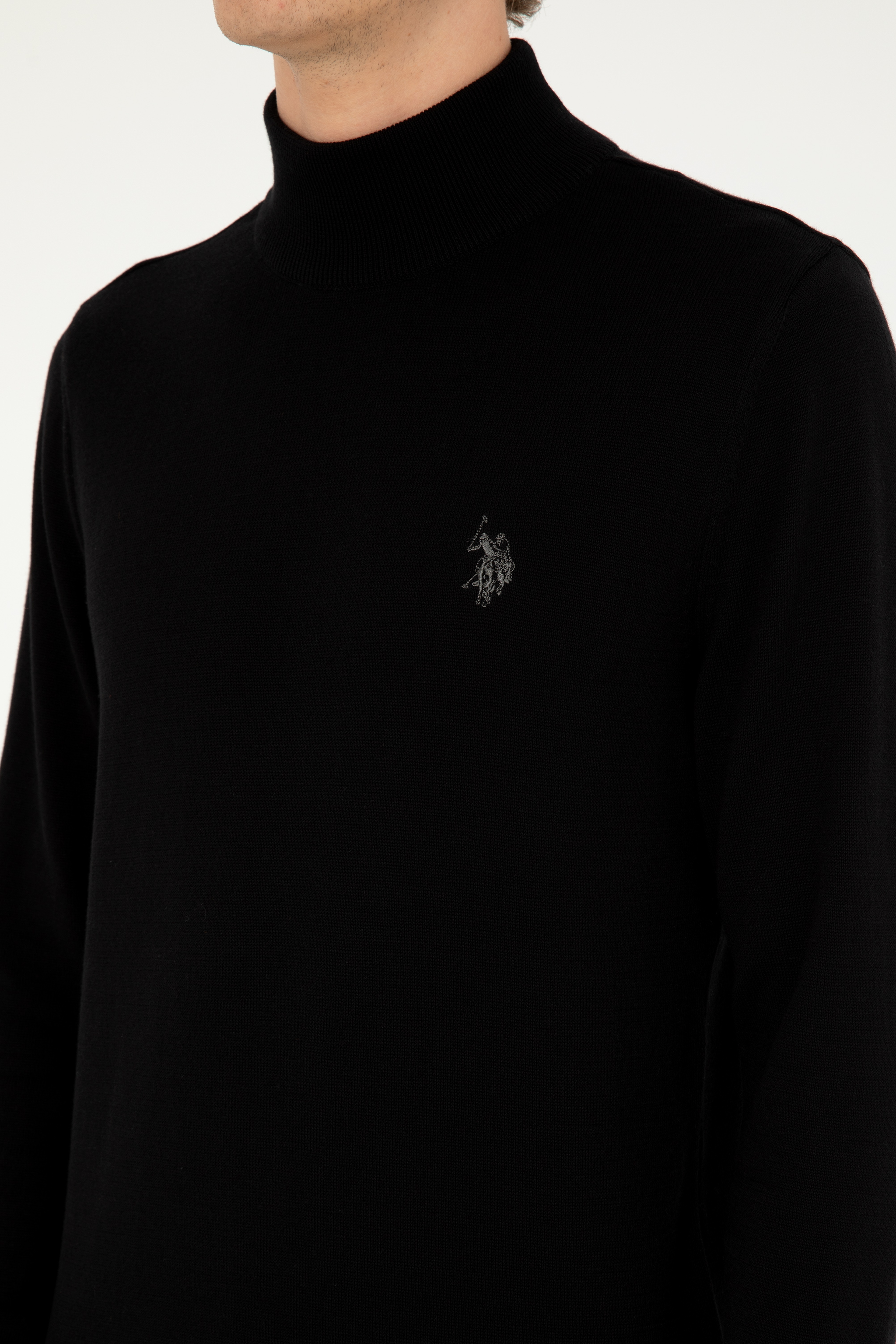 Erkek Slim Fit Yarım Boğazlı Siyah Basic Kazak - Image 7