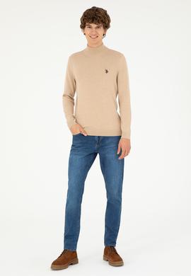 Erkek Slim Fit Yarım Boğazlı Kum Melanj Basic Kazak - 50293499028