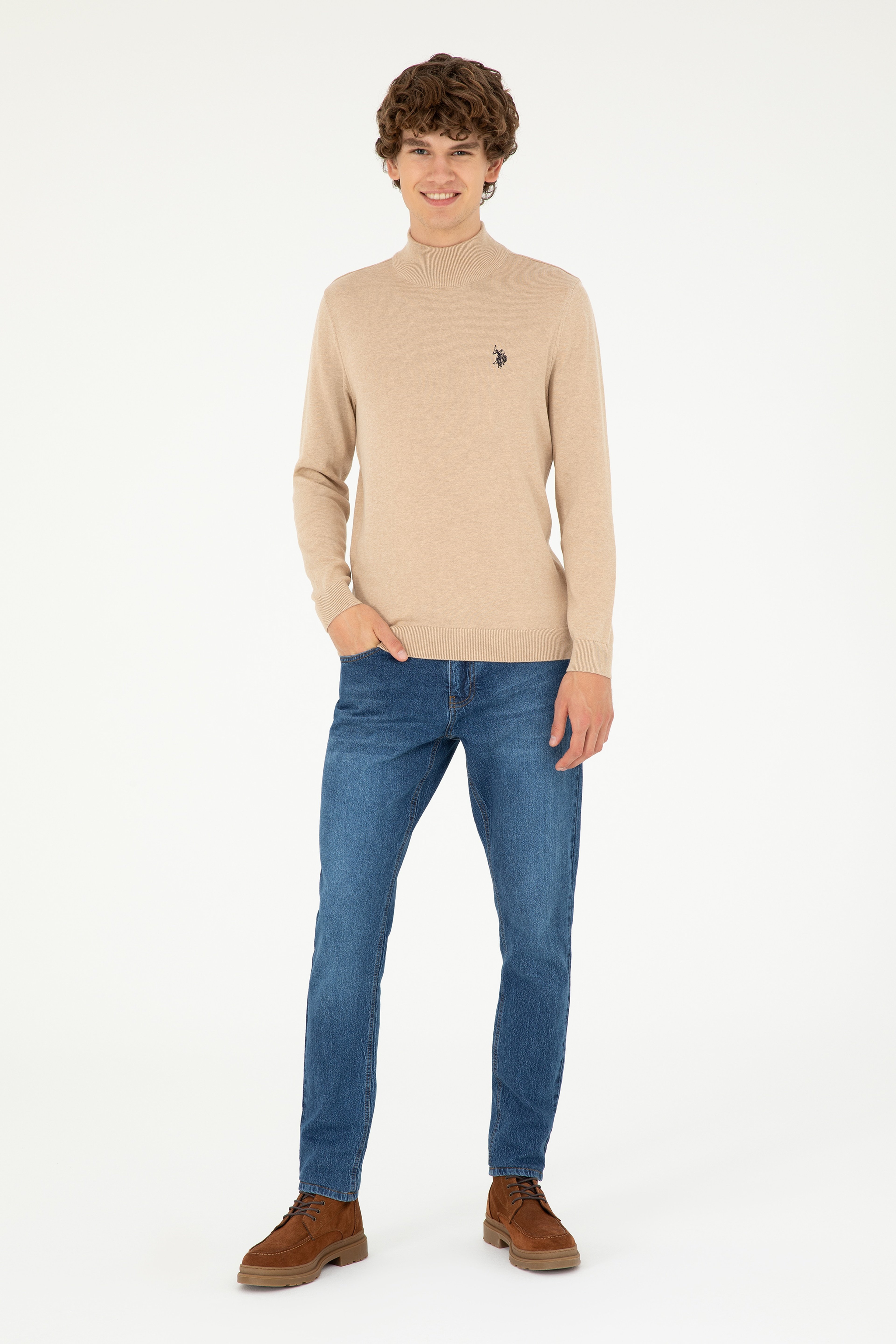 Erkek Slim Fit Yarım Boğazlı Kum Melanj Basic Kazak