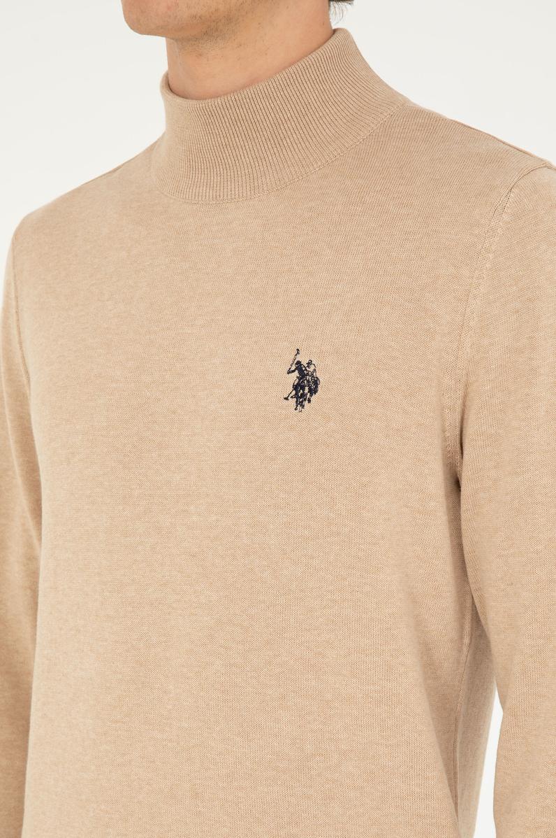 Erkek Slim Fit Yarım Boğazlı Kum Melanj Basic Kazak