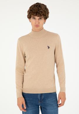 Erkek Slim Fit Yarım Boğazlı Kum Melanj Basic Kazak - 50293499028