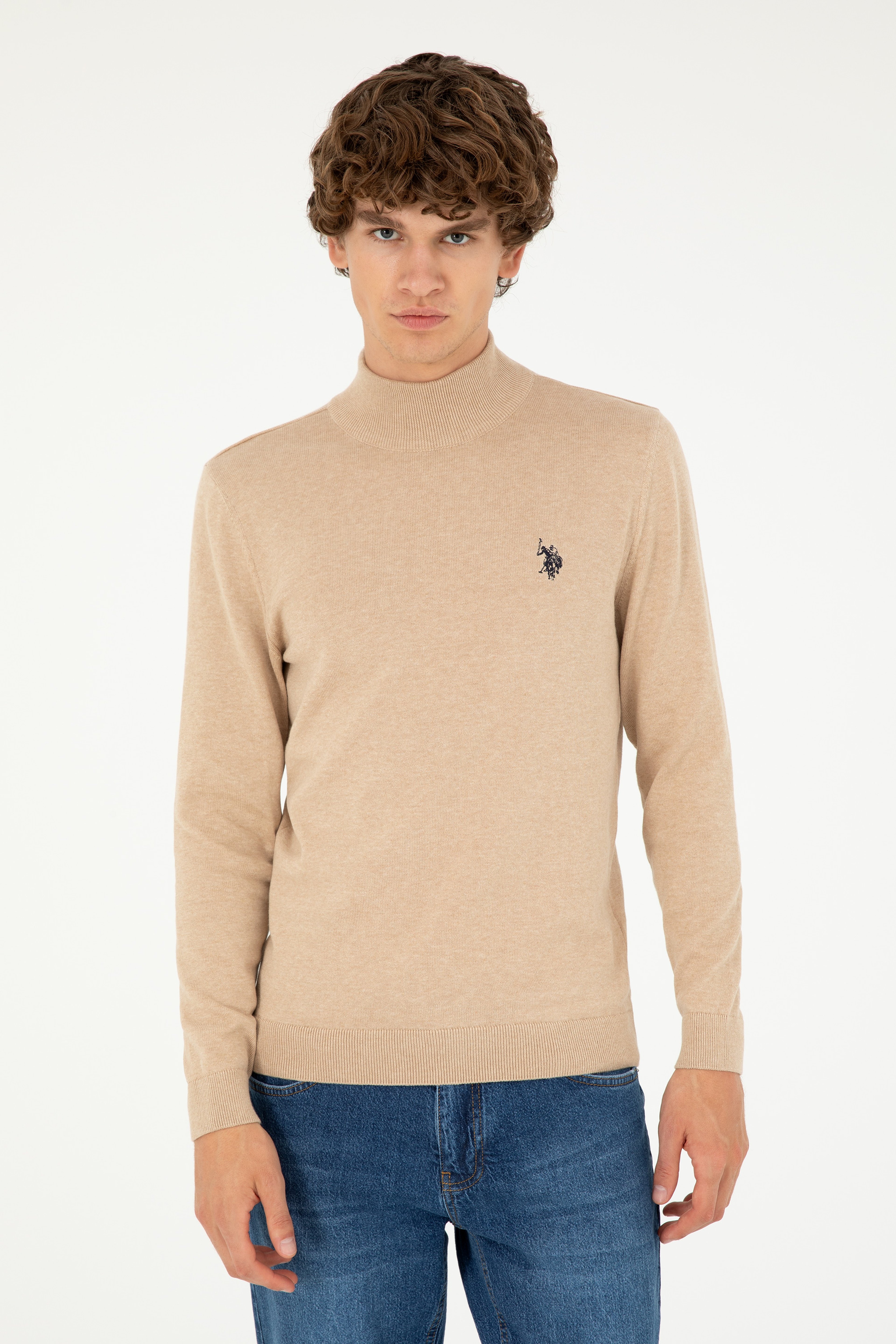 Erkek Slim Fit Yarım Boğazlı Kum Melanj Basic Kazak - Image 1