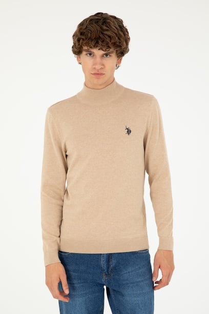 Erkek Slim Fit Yarım Boğazlı Kum Melanj Basic Kazak
