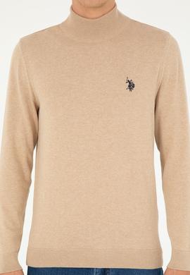 Erkek Slim Fit Yarım Boğazlı Kum Melanj Basic Kazak - 50293499028