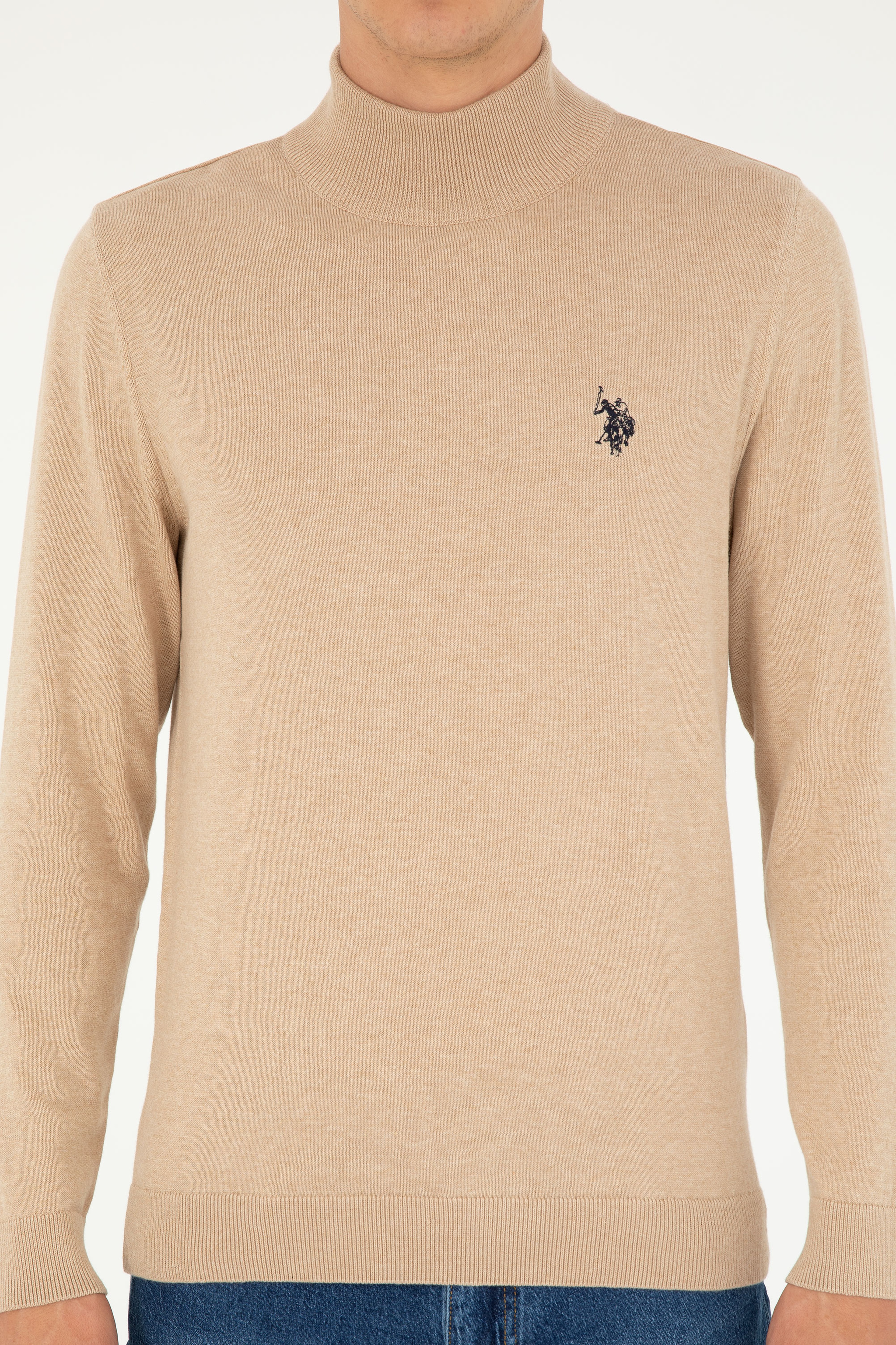 Erkek Slim Fit Yarım Boğazlı Kum Melanj Basic Kazak