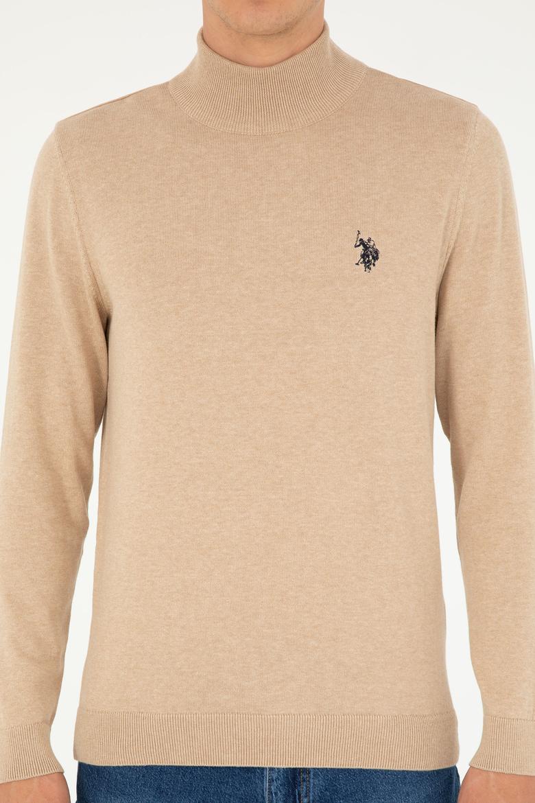 Erkek Slim Fit Yarım Boğazlı Kum Melanj Basic Kazak - 50293499028