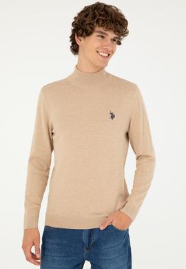 Erkek Slim Fit Yarım Boğazlı Kum Melanj Basic Kazak - 50293499028