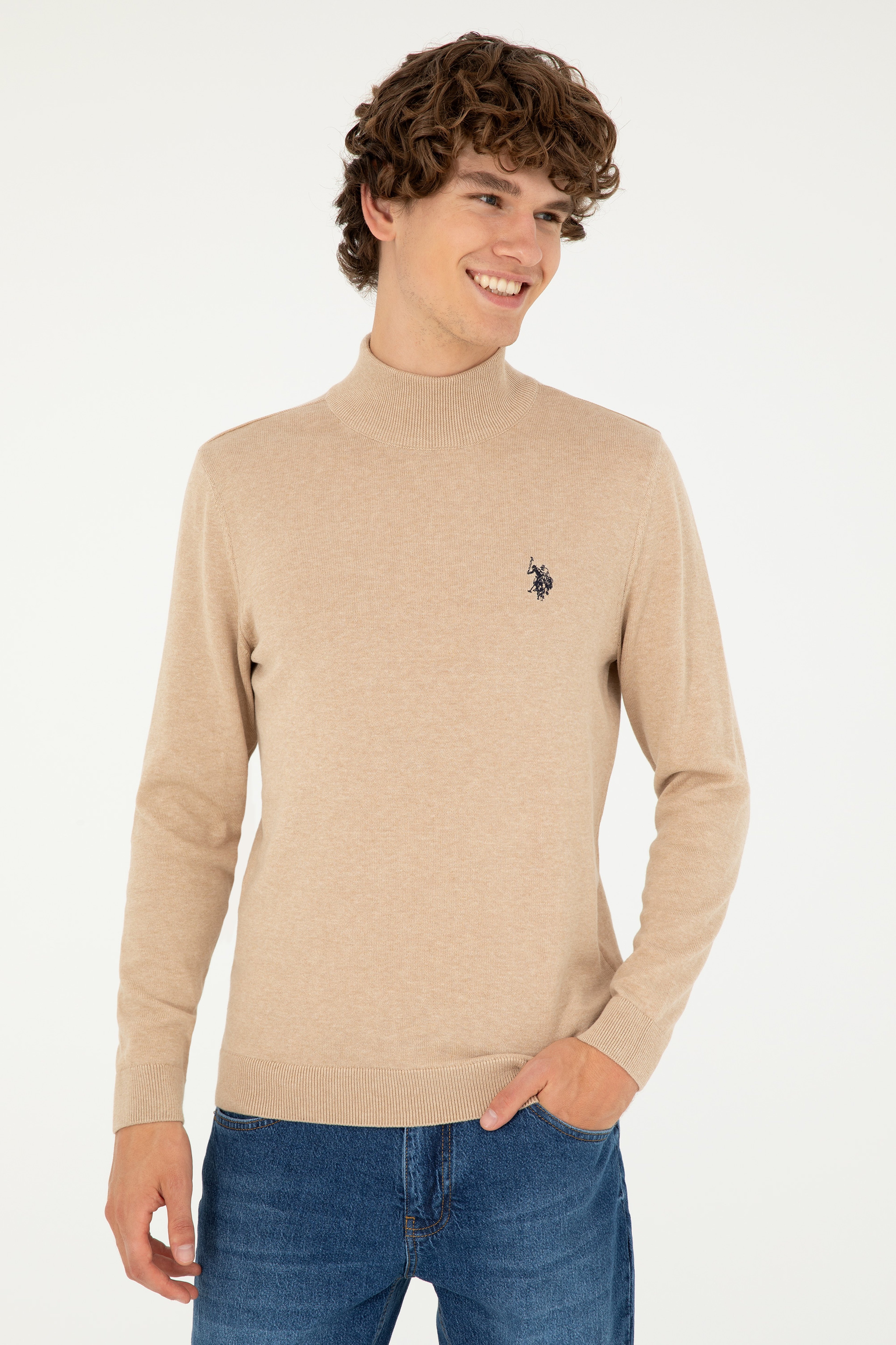 Erkek Slim Fit Yarım Boğazlı Kum Melanj Basic Kazak - Image 3