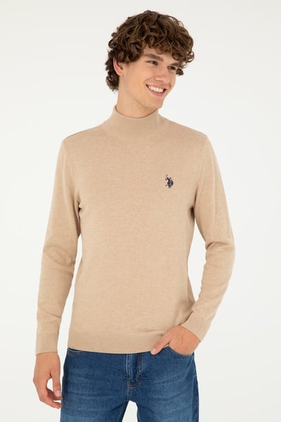 Erkek Slim Fit Yarım Boğazlı Kum Melanj Basic Kazak