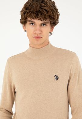 Erkek Slim Fit Yarım Boğazlı Kum Melanj Basic Kazak - 50293499028