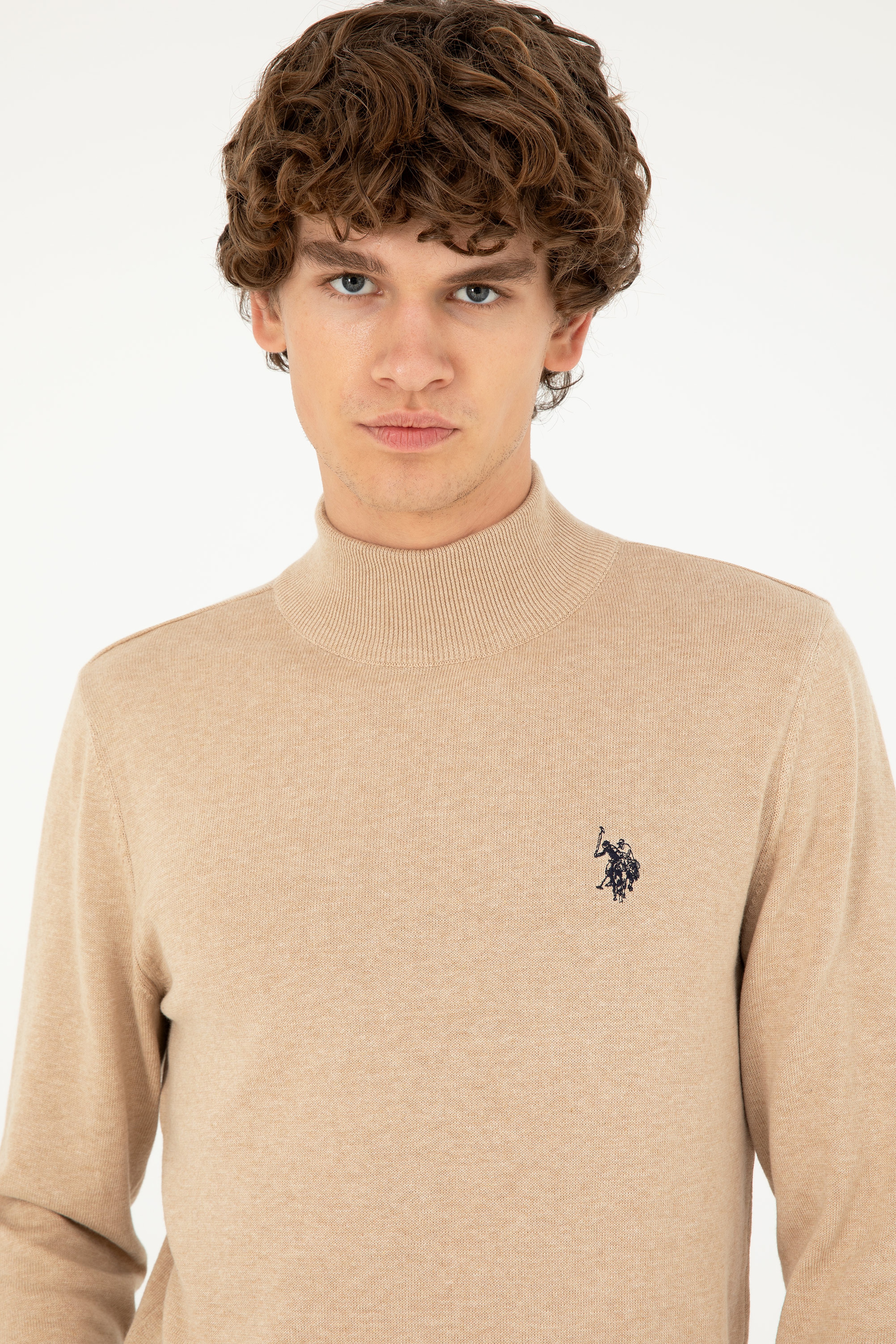Erkek Slim Fit Yarım Boğazlı Kum Melanj Basic Kazak