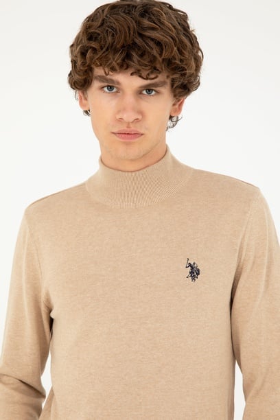 Erkek Slim Fit Yarım Boğazlı Kum Melanj Basic Kazak
