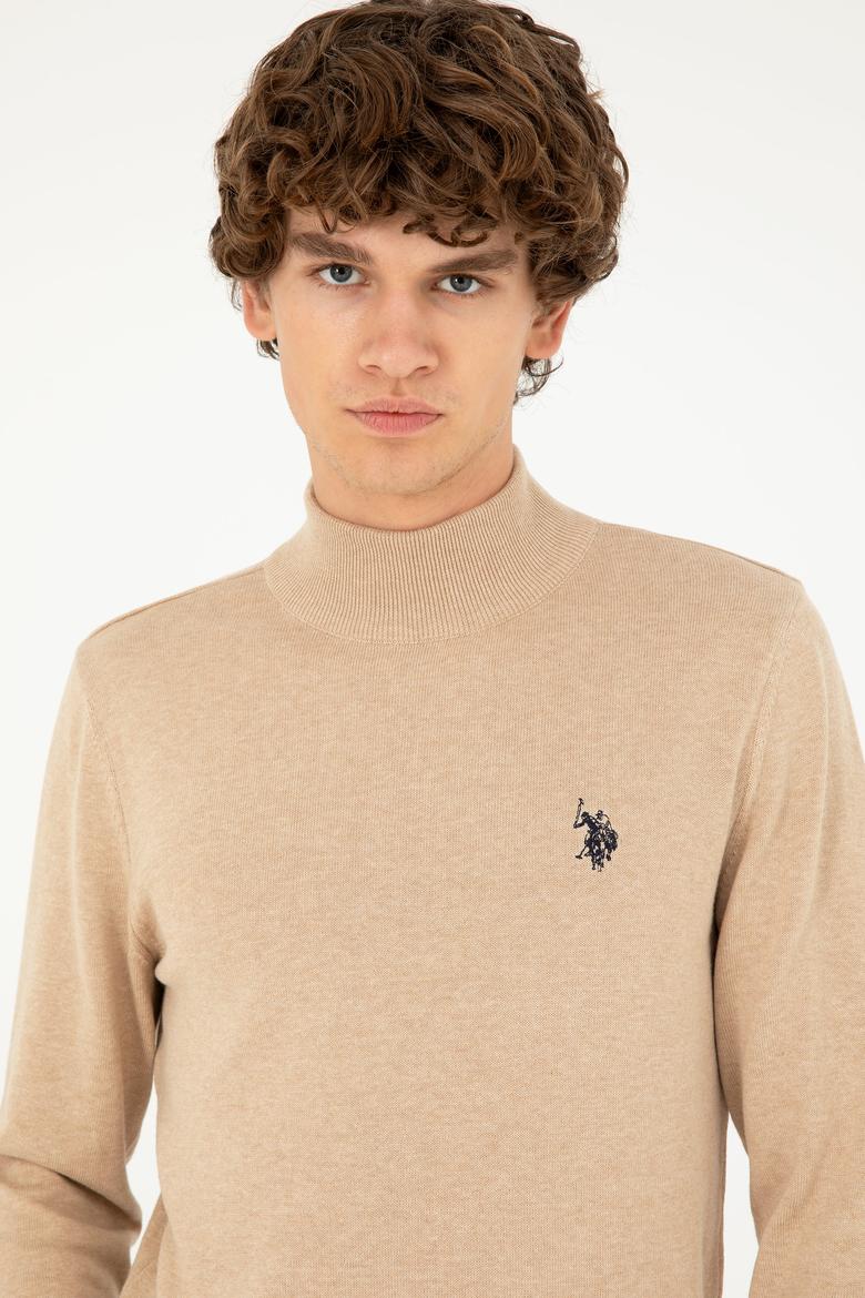 Erkek Slim Fit Yarım Boğazlı Kum Melanj Basic Kazak - 50293499028