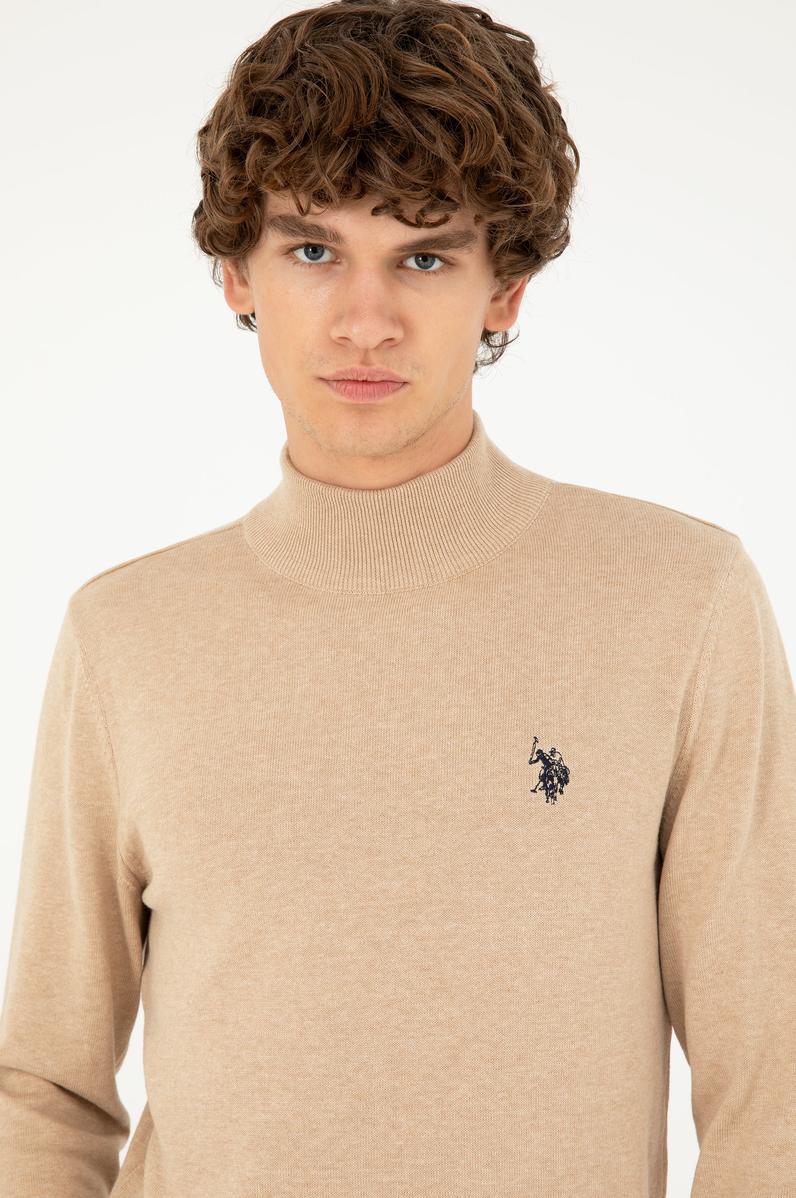 Erkek Slim Fit Yarım Boğazlı Kum Melanj Basic Kazak