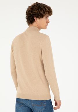 Erkek Slim Fit Yarım Boğazlı Kum Melanj Basic Kazak - 50293499028