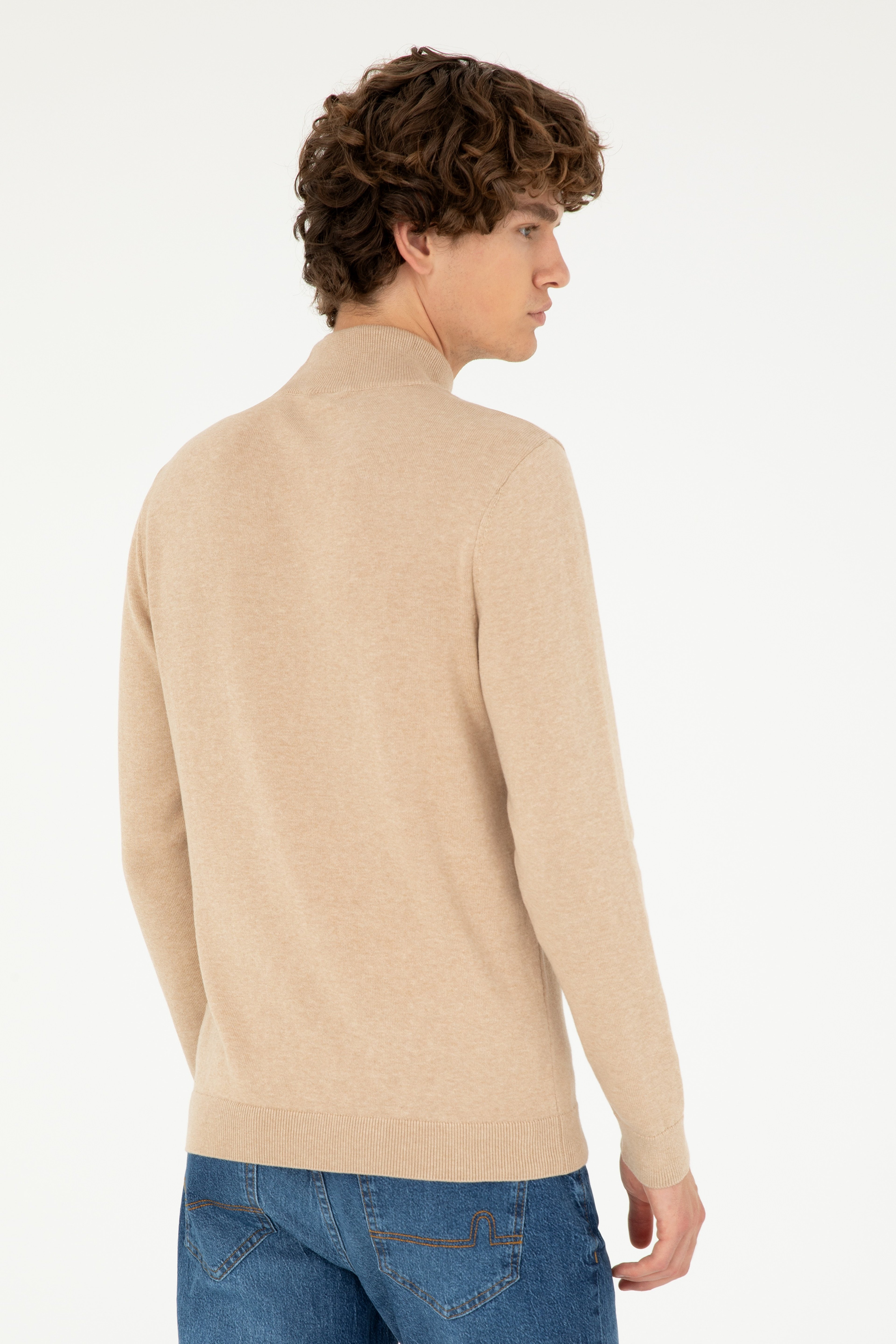 Erkek Slim Fit Yarım Boğazlı Kum Melanj Basic Kazak