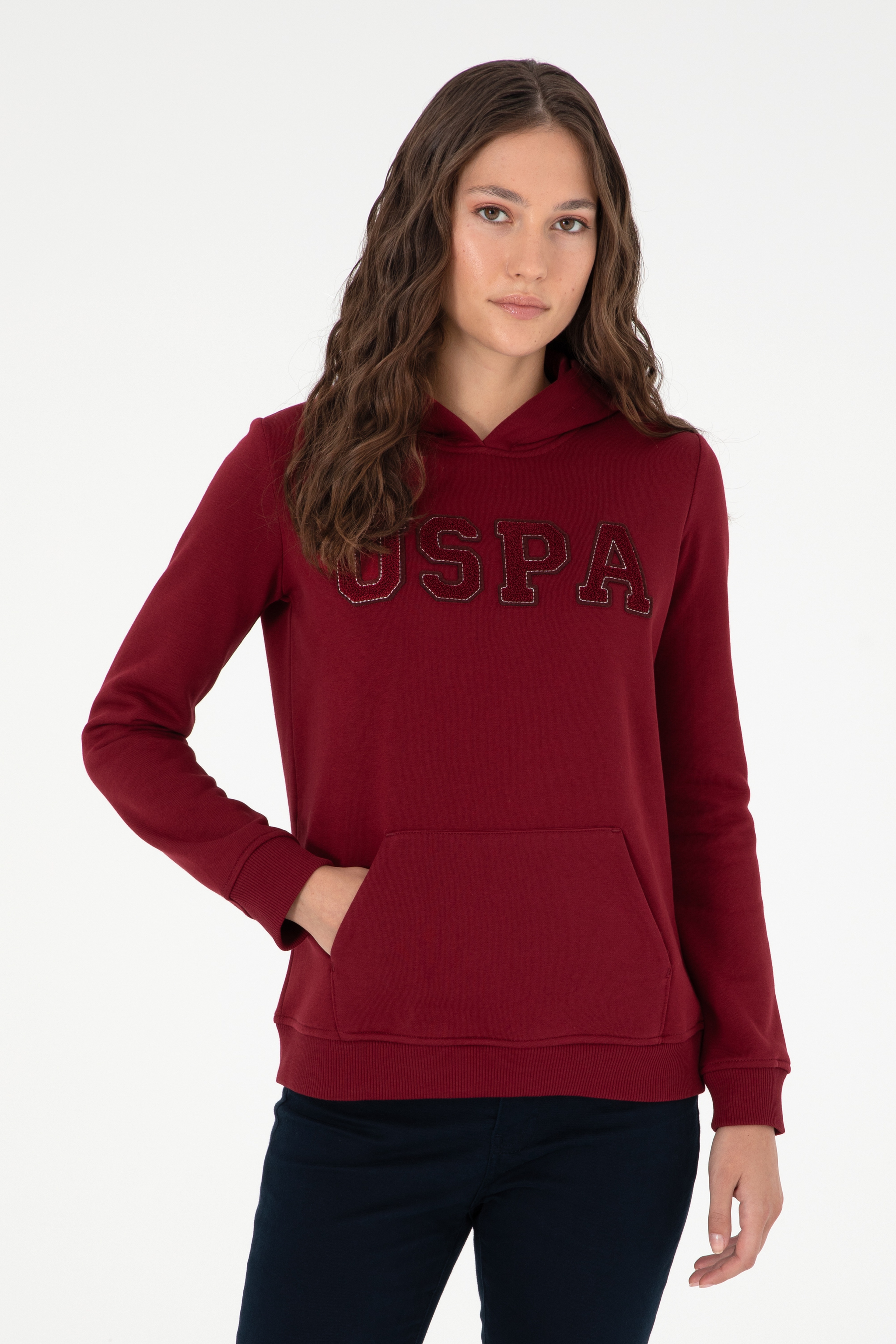 Kadın Bordo Basic Kapüşonlu Sweatshirt - Image 1