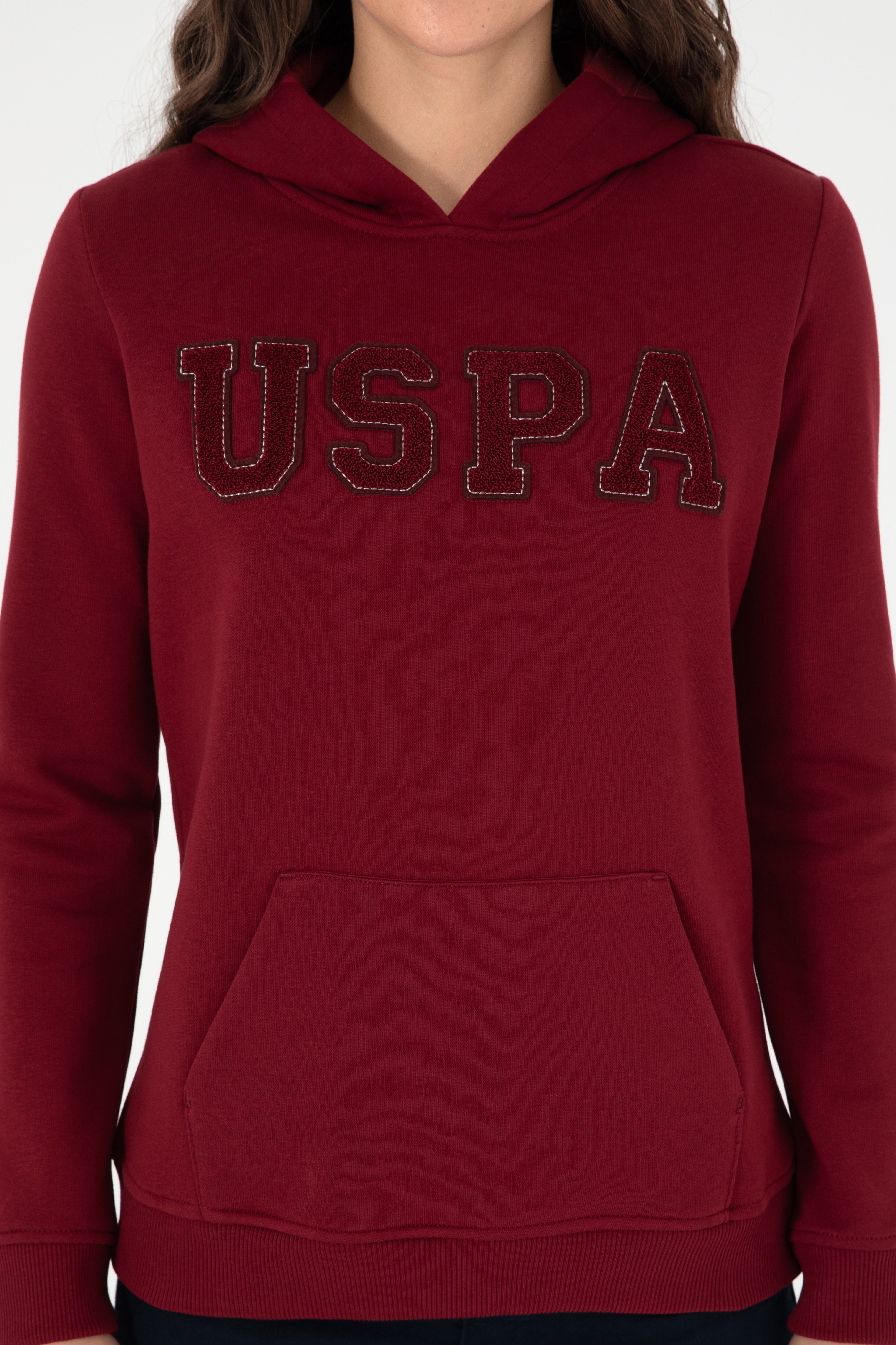 Kadın Bordo Basic Kapüşonlu Sweatshirt - Image 6