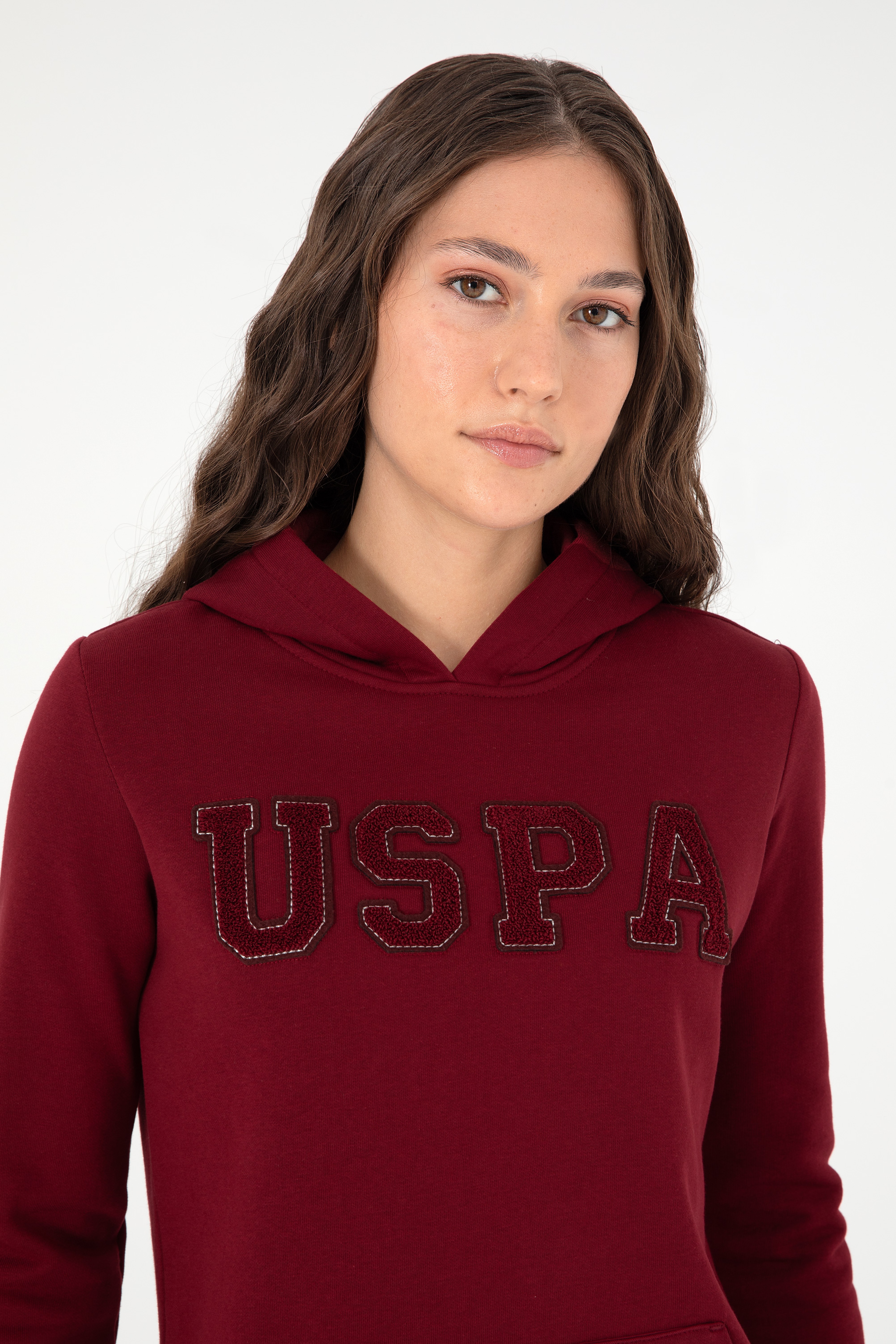 Kadın Bordo Basic Kapüşonlu Sweatshirt - Image 2