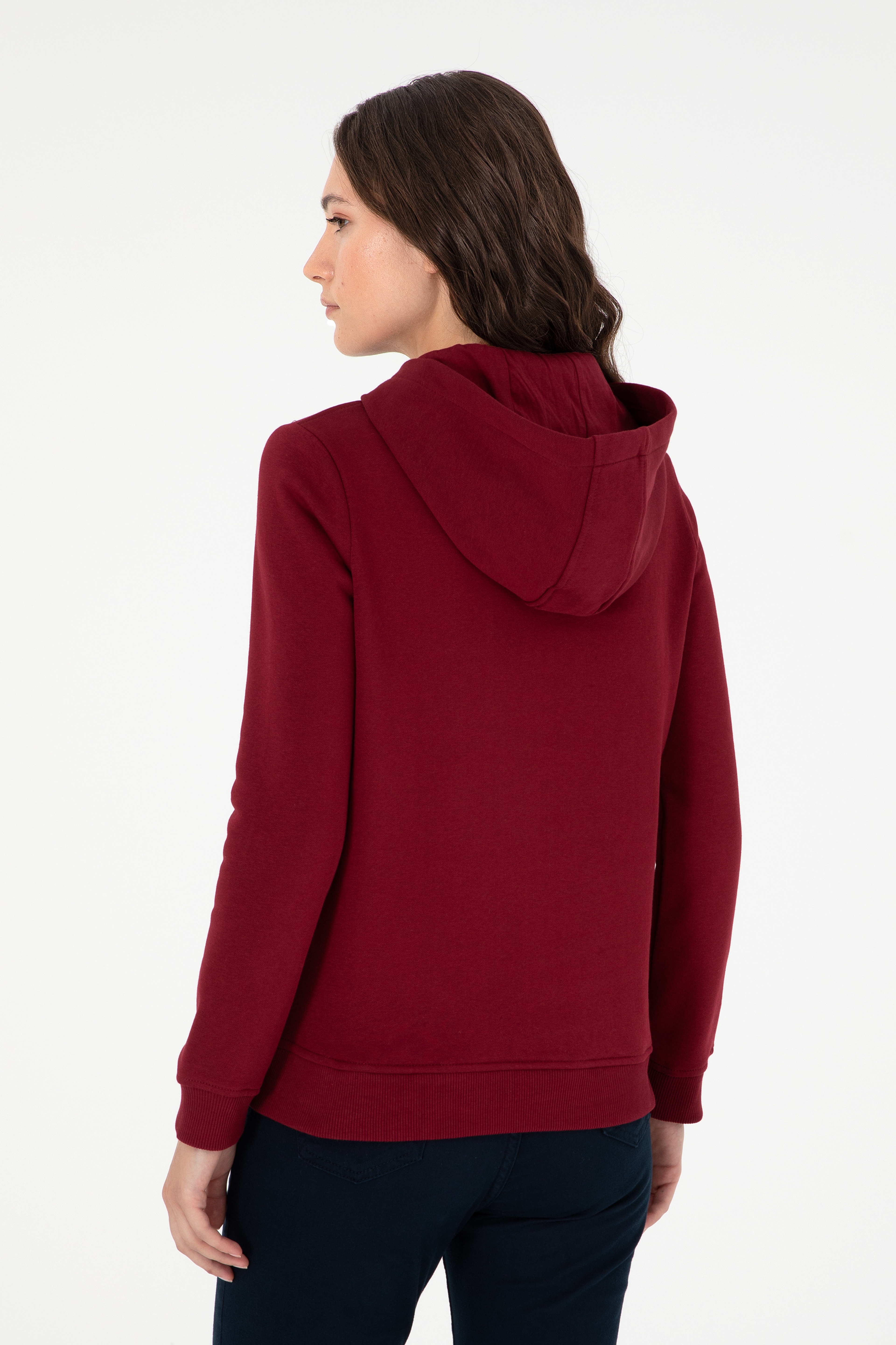 Kadın Bordo Basic Kapüşonlu Sweatshirt - Image 5