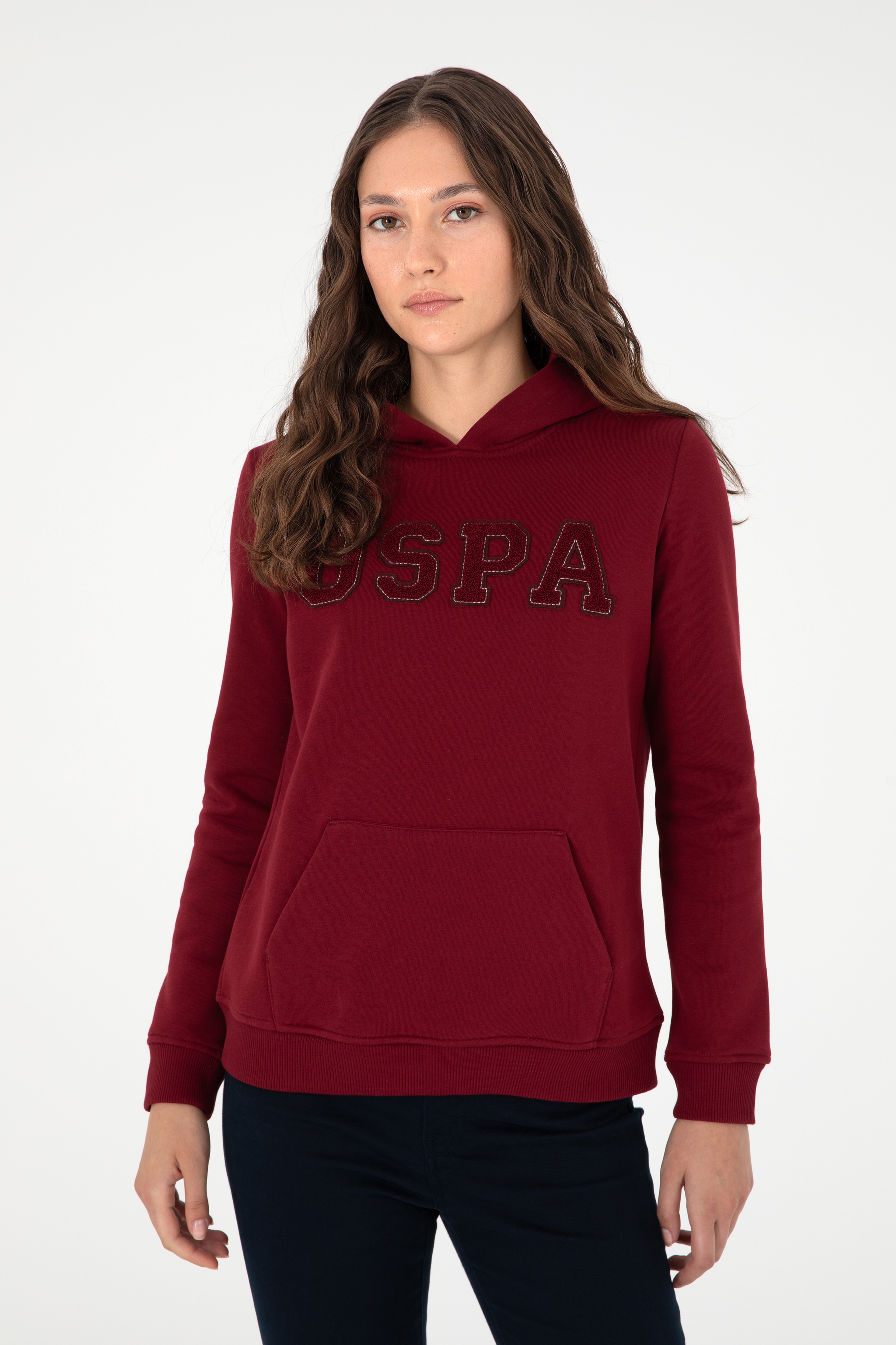 Kadın Bordo Basic Kapüşonlu Sweatshirt - Image 3