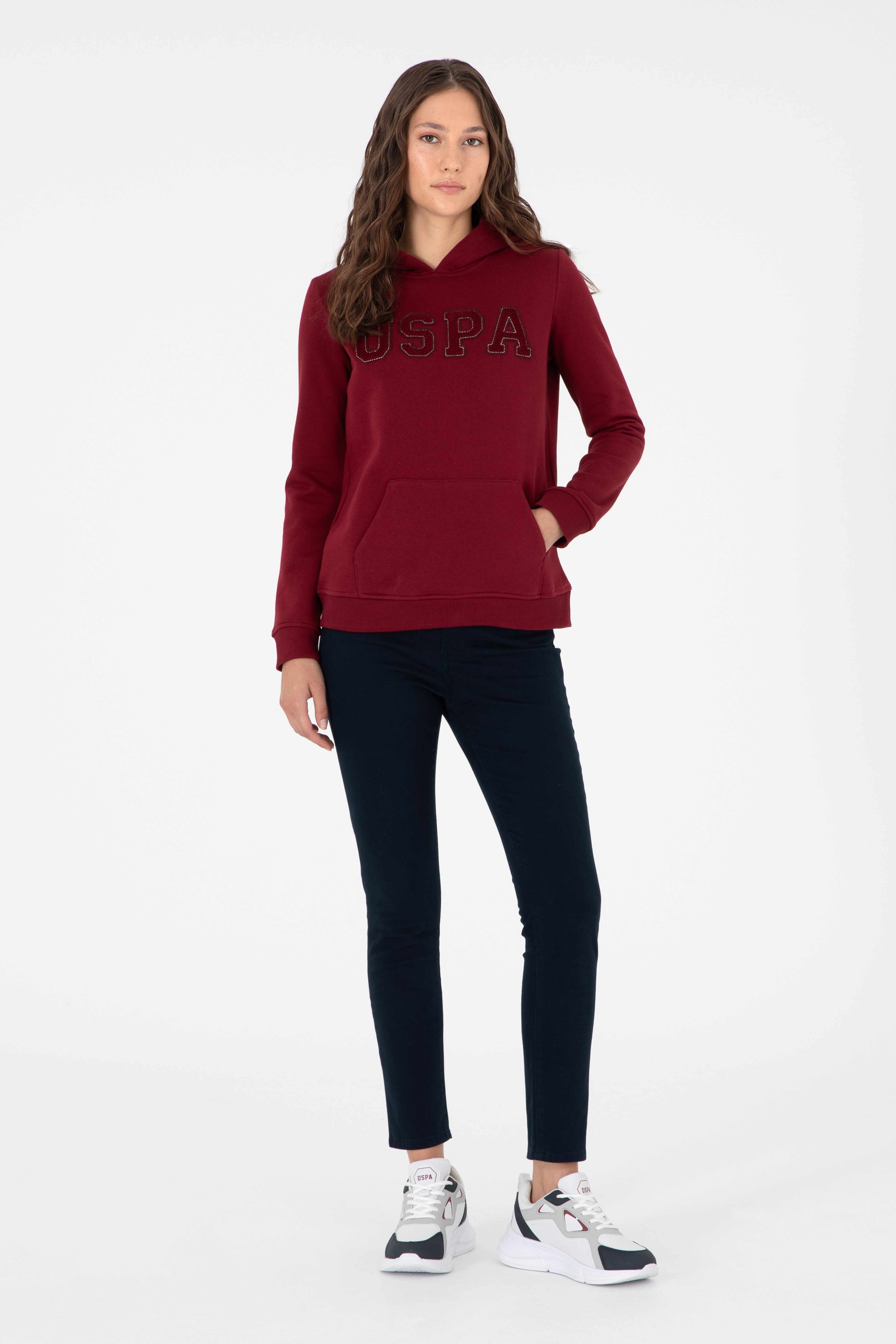 Kadın Bordo Basic Kapüşonlu Sweatshirt - Image 4