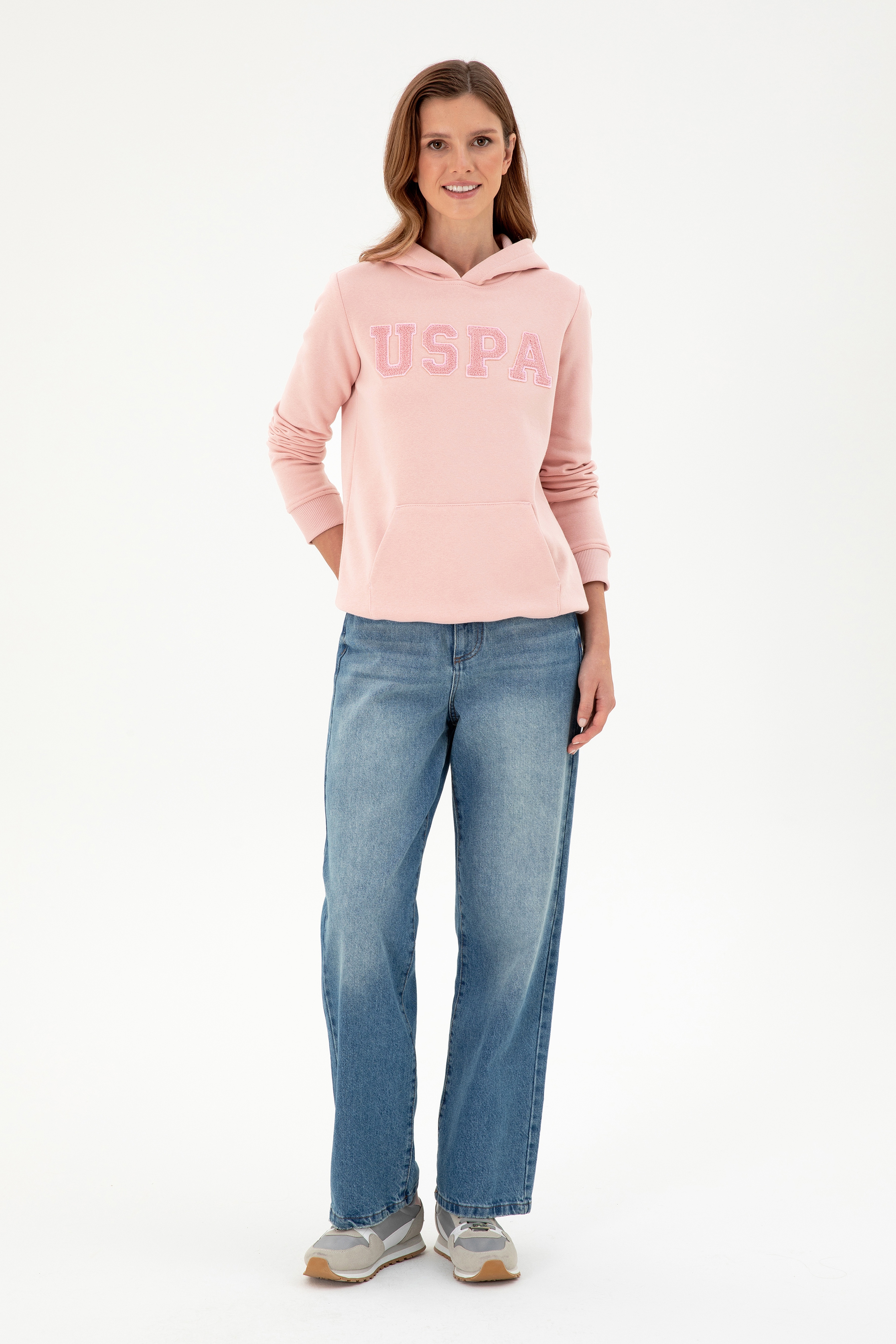 Kadın Toz Pembe Basic Kapüşonlu Sweatshirt - Image 4