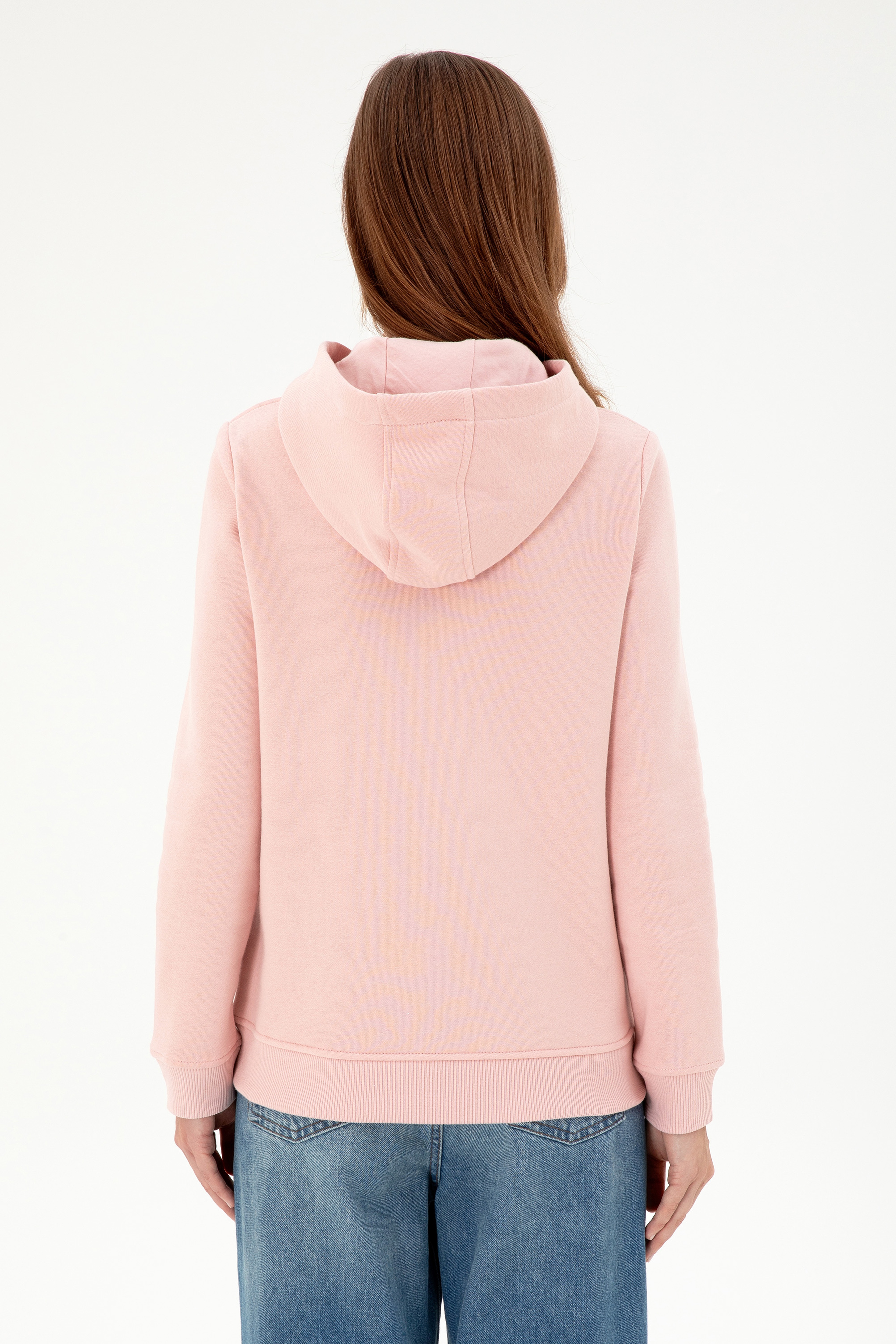 Kadın Toz Pembe Basic Kapüşonlu Sweatshirt - Image 5