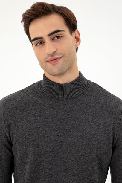 Erkek Slim Fit Yarım Balıkçı Yaka Antrasit Melanj Kazak