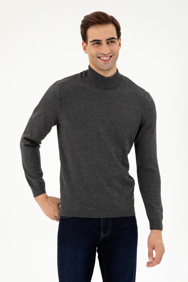 Erkek Slim Fit Yarım Balıkçı Yaka Antrasit Melanj Kazak