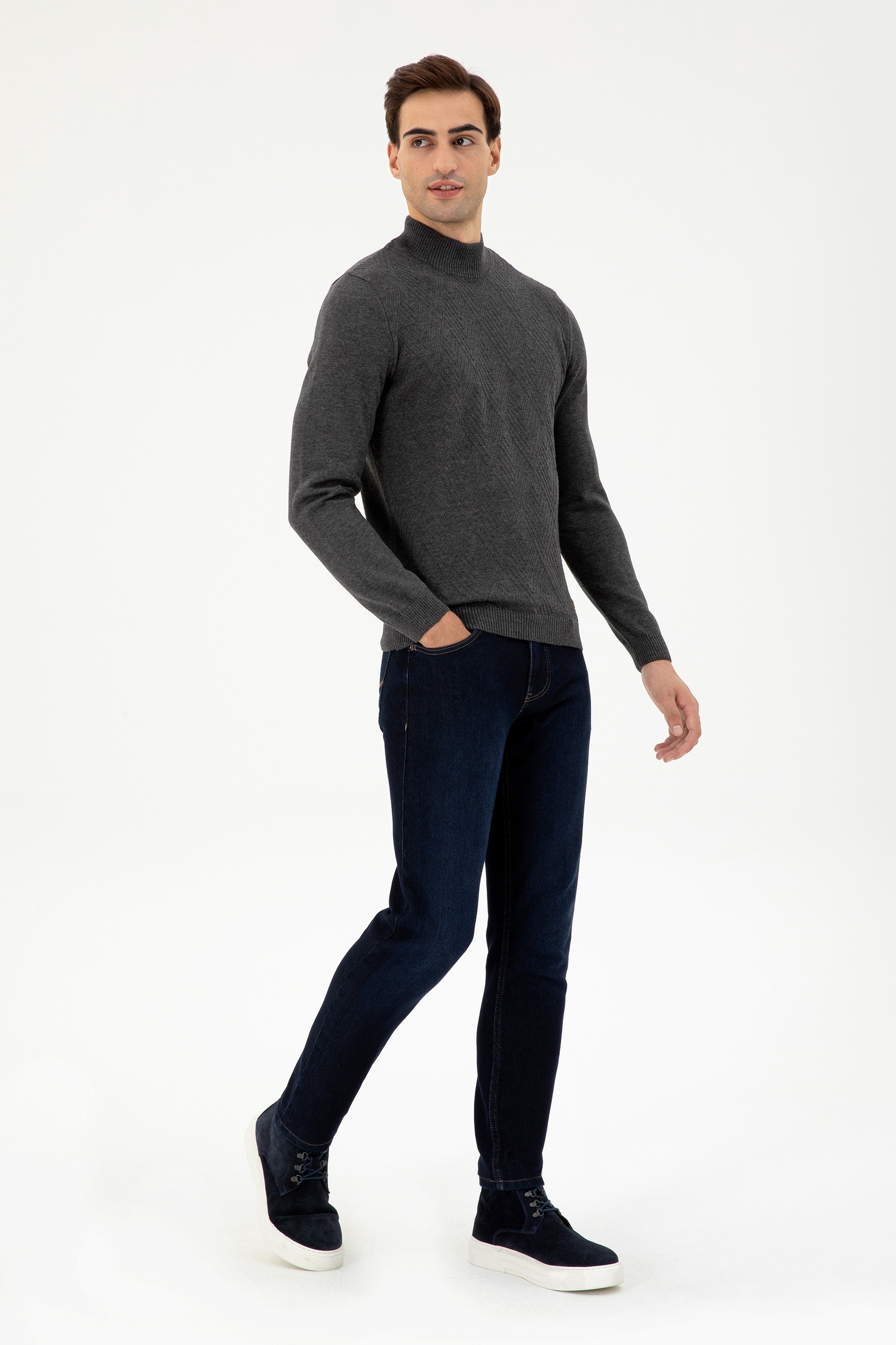 Erkek Slim Fit Yarım Balıkçı Yaka Antrasit Melanj Kazak - Image 4