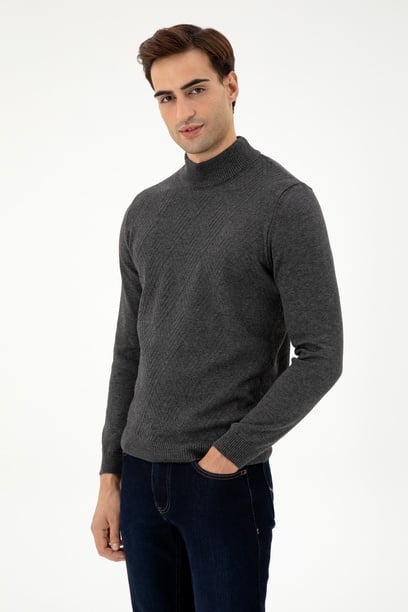 Erkek Slim Fit Yarım Balıkçı Yaka Antrasit Melanj Kazak