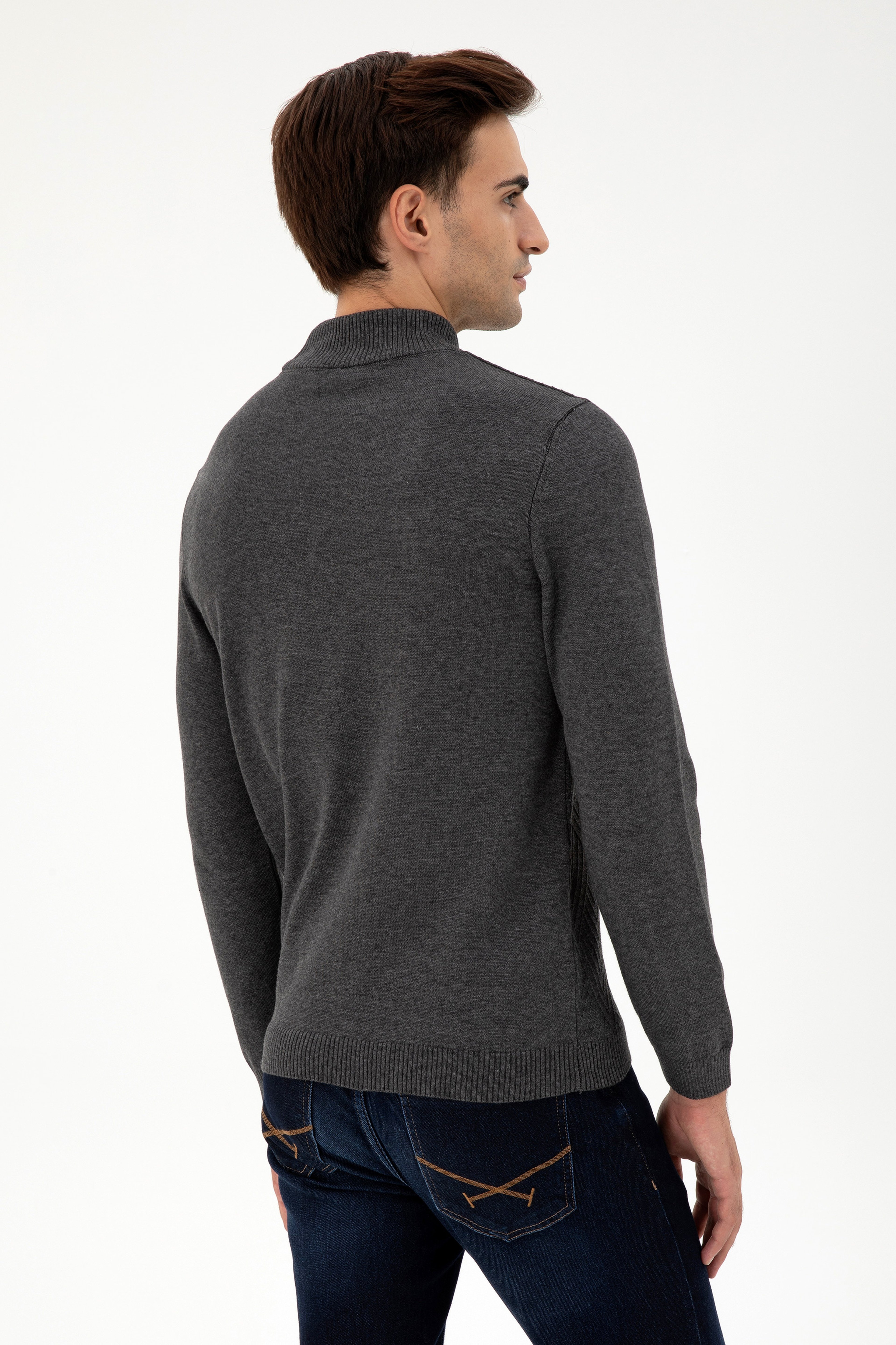 Erkek Slim Fit Yarım Balıkçı Yaka Antrasit Melanj Kazak