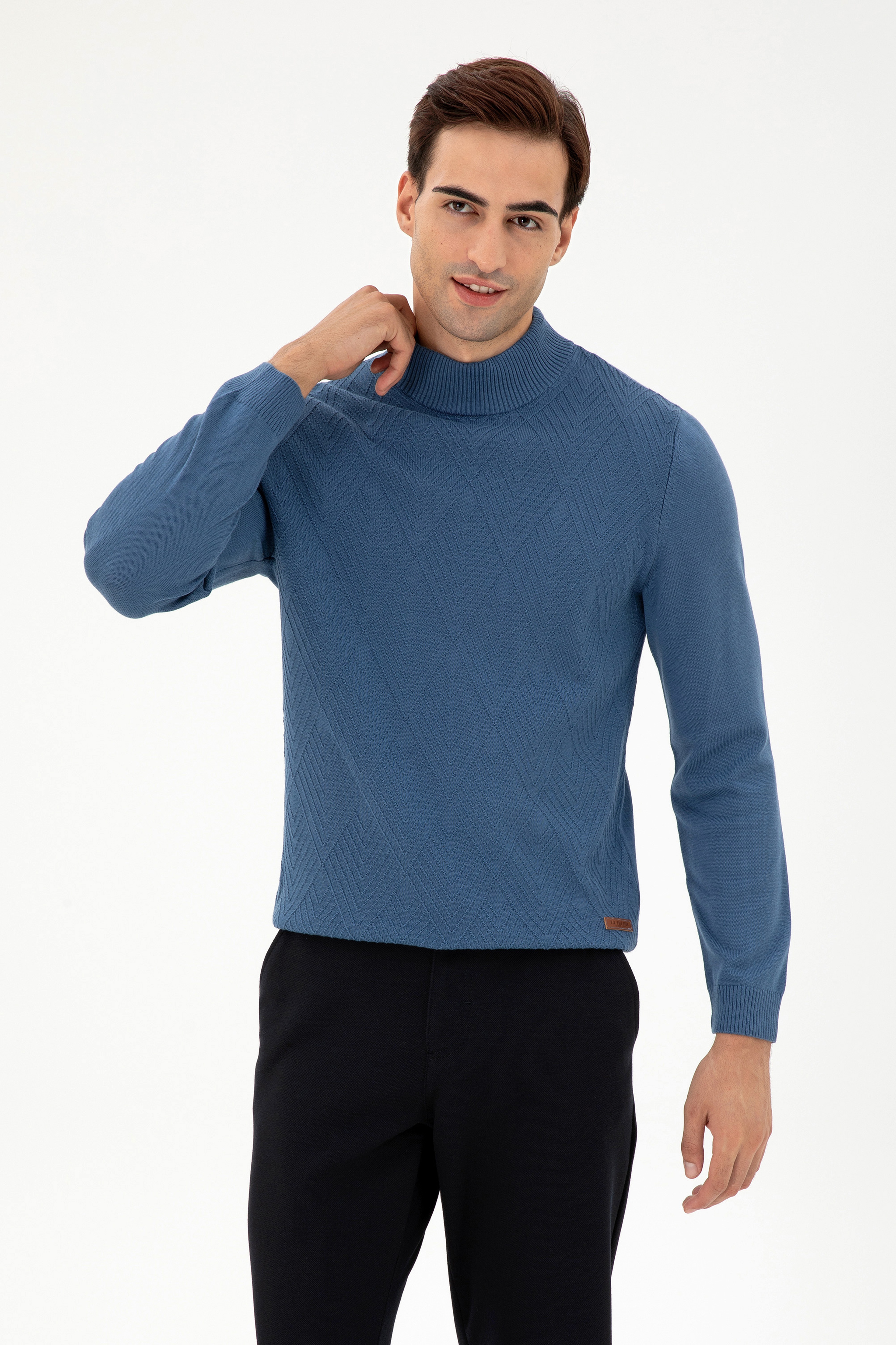 Erkek Slim Fit Yarım Balıkçı Yaka Saks Kazak - Image 1