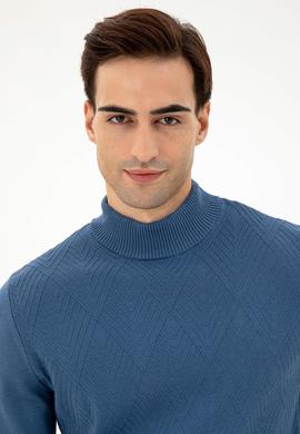 Erkek Slim Fit Yarım Balıkçı Yaka Saks Kazak - 50297038047