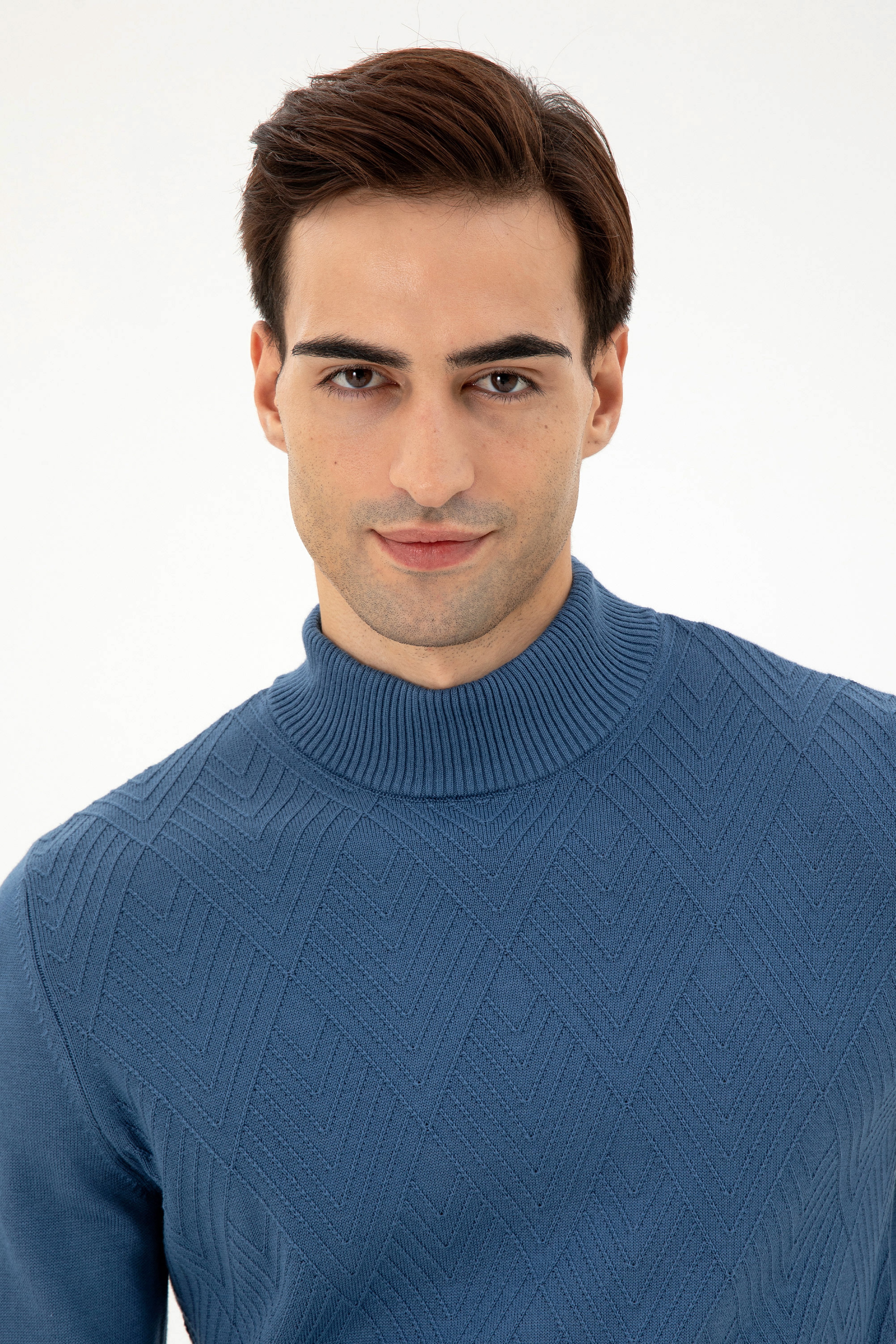 Erkek Slim Fit Yarım Balıkçı Yaka Saks Kazak - Image 2