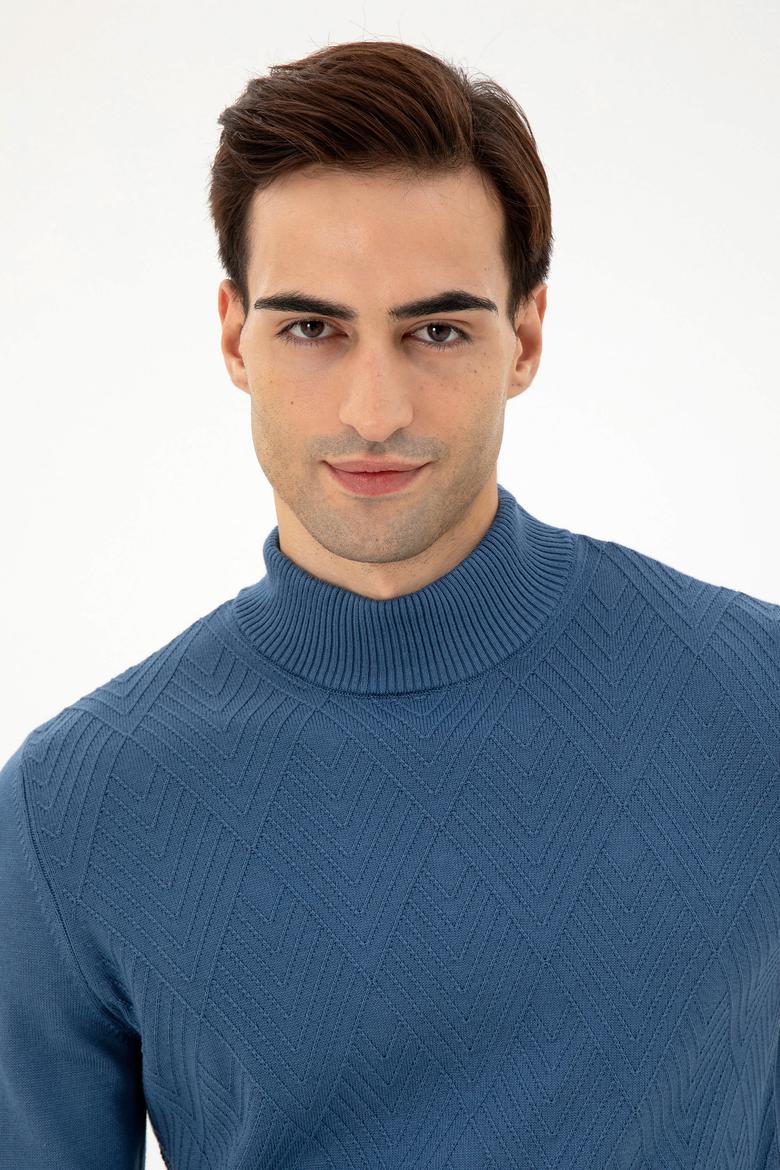 Erkek Slim Fit Yarım Balıkçı Yaka Saks Kazak - 50297038047