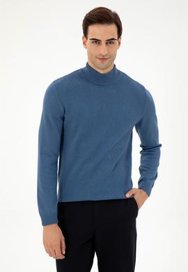 Erkek Slim Fit Yarım Balıkçı Yaka Saks Kazak - 50297038047