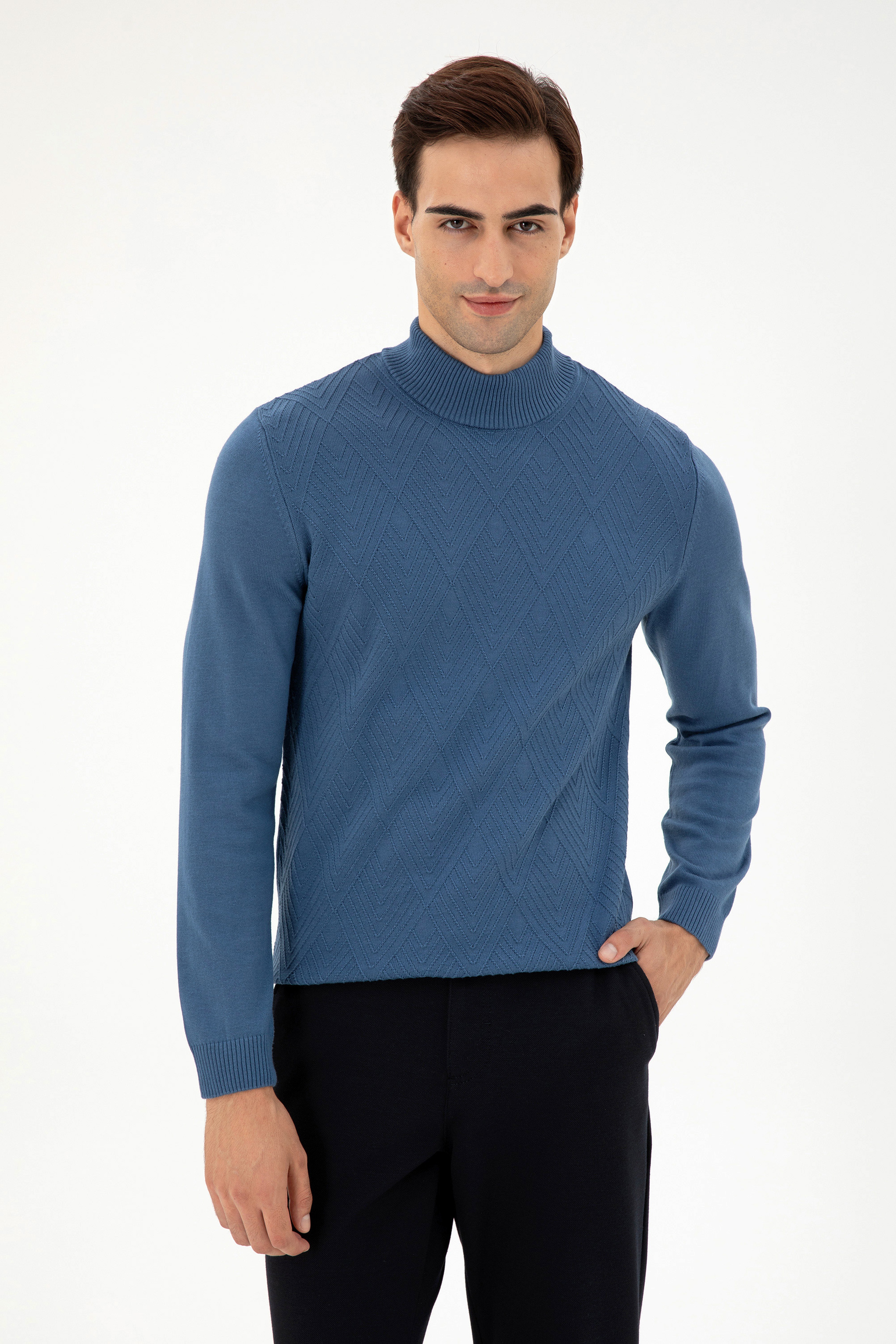 Erkek Slim Fit Yarım Balıkçı Yaka Saks Kazak - Image 3