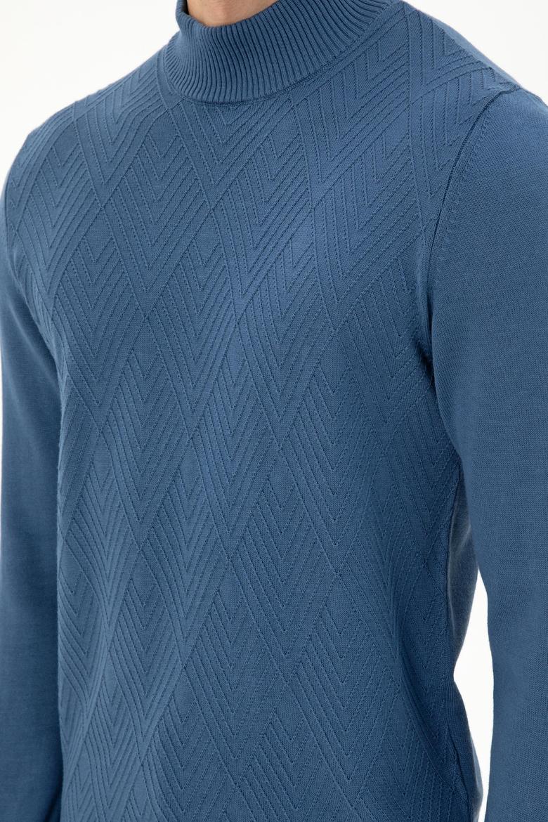 Erkek Slim Fit Yarım Balıkçı Yaka Saks Kazak - 50297038047