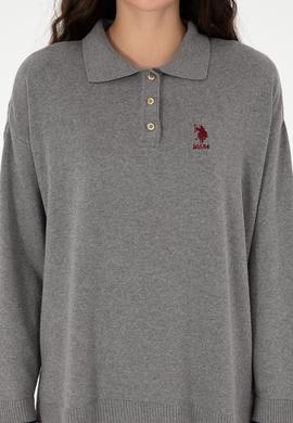 Kadın Gri Melanj Polo Yaka Kazak - 50297091001