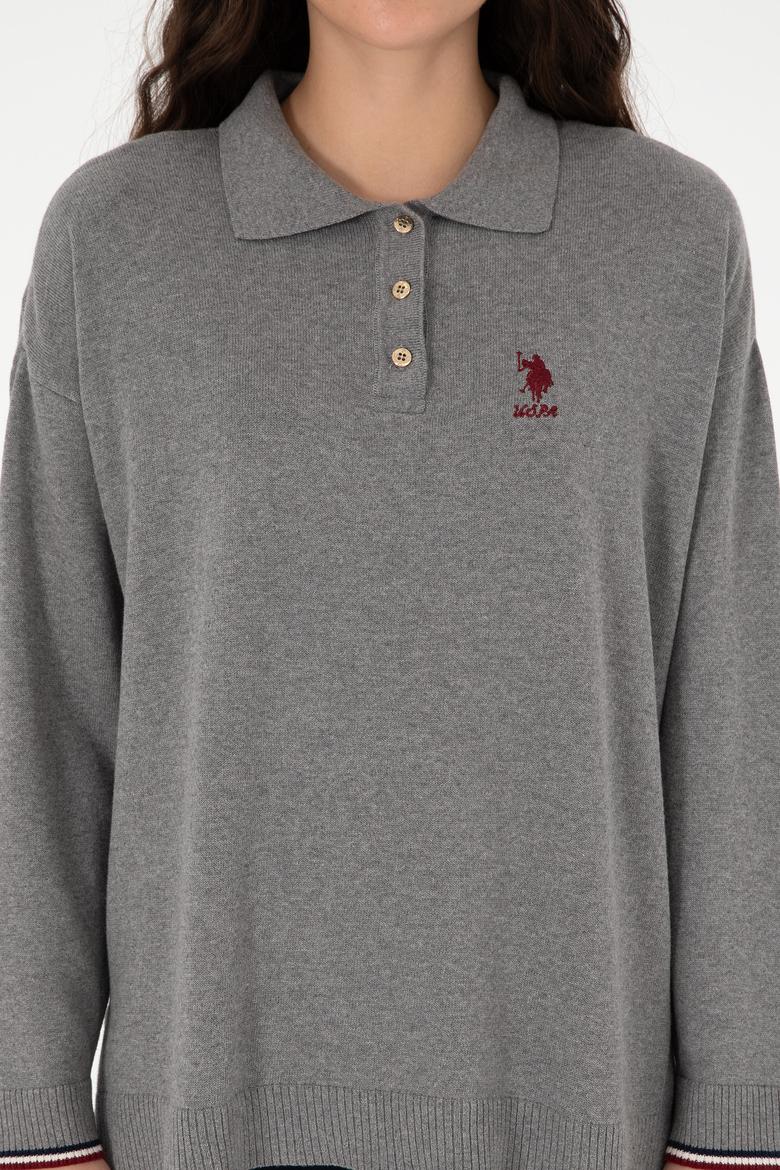 Kadın Gri Melanj Polo Yaka Kazak - 50297091001