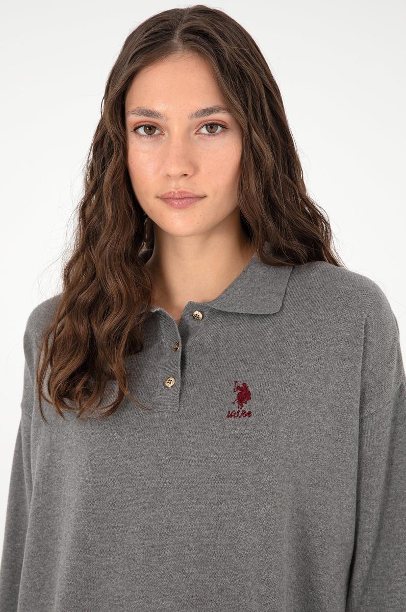 Kadın Gri Melanj Polo Yaka Kazak