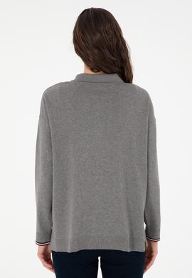 Kadın Gri Melanj Polo Yaka Kazak - 50297091001