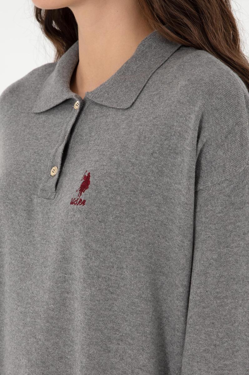 Kadın Gri Melanj Polo Yaka Kazak