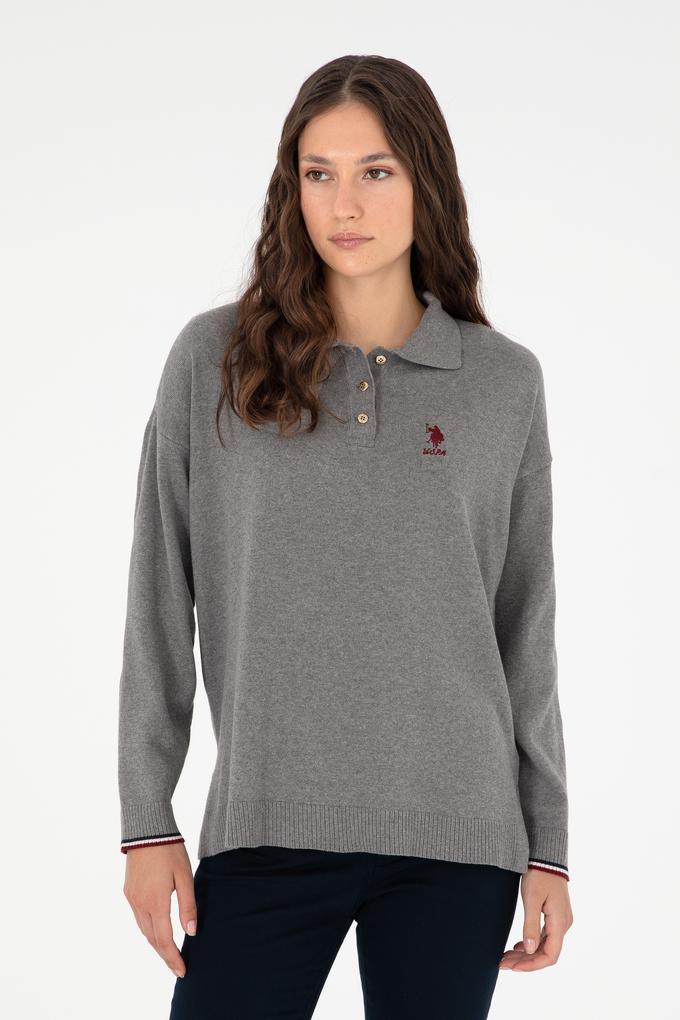 Kadın Gri Melanj Polo Yaka Kazak