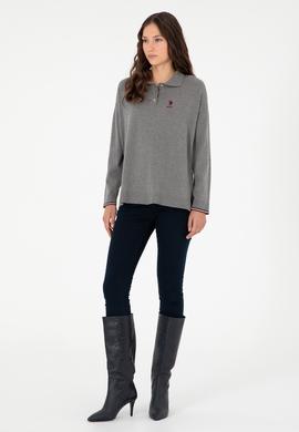 Kadın Gri Melanj Polo Yaka Kazak - 50297091001