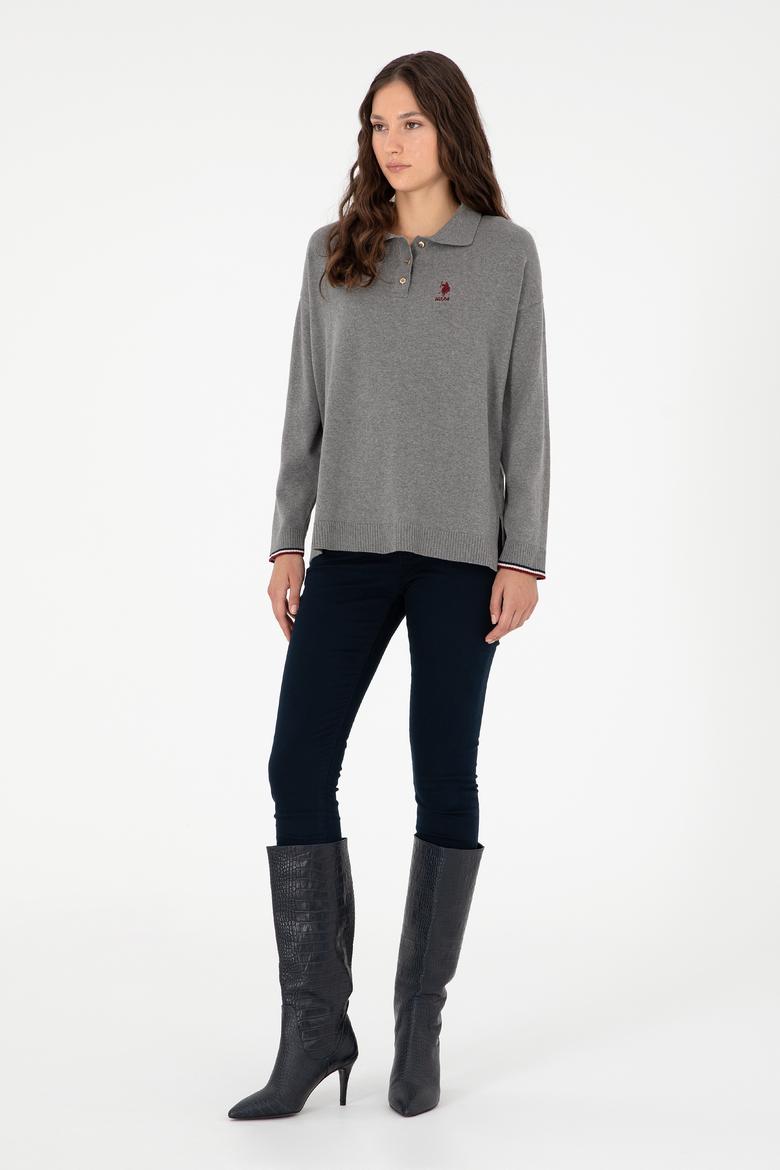 Kadın Gri Melanj Polo Yaka Kazak - 50297091001